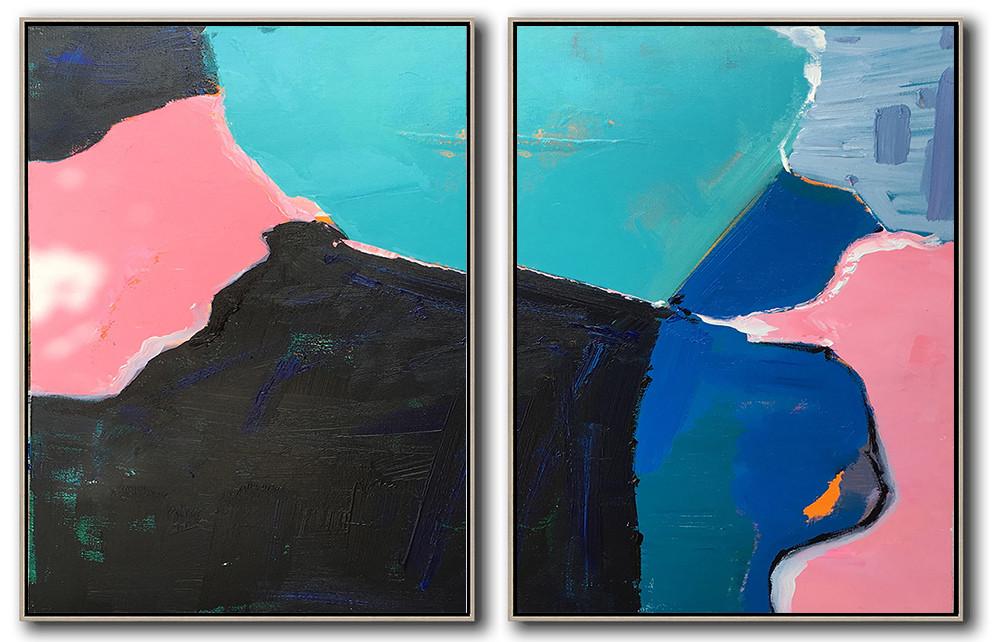 Extra Large Acrylic Painting On Canvas,Set Of 2 Contemporary Art On Canvas,Hand-Painted Canvas Art,Lake Blue,Black,Pink,Dark Blue,Grey.etc